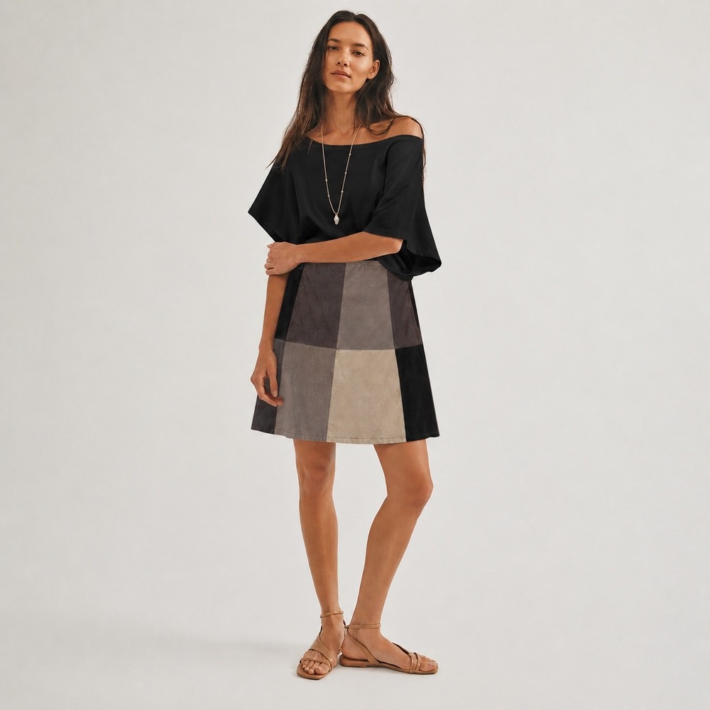 Vintage‎ Patchwork Suede A-Line Skirt Size PM Grey Black Minimalist Boho Chic